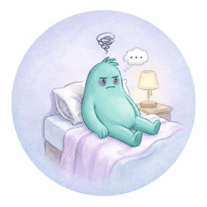 Benny, personaje de Mente Bien, sentado en la cama con señales de agotamiento y burnout