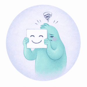 Benny, personaje de Mente Bien, aislado en una burbuja mientras otras personas conversan alrededor